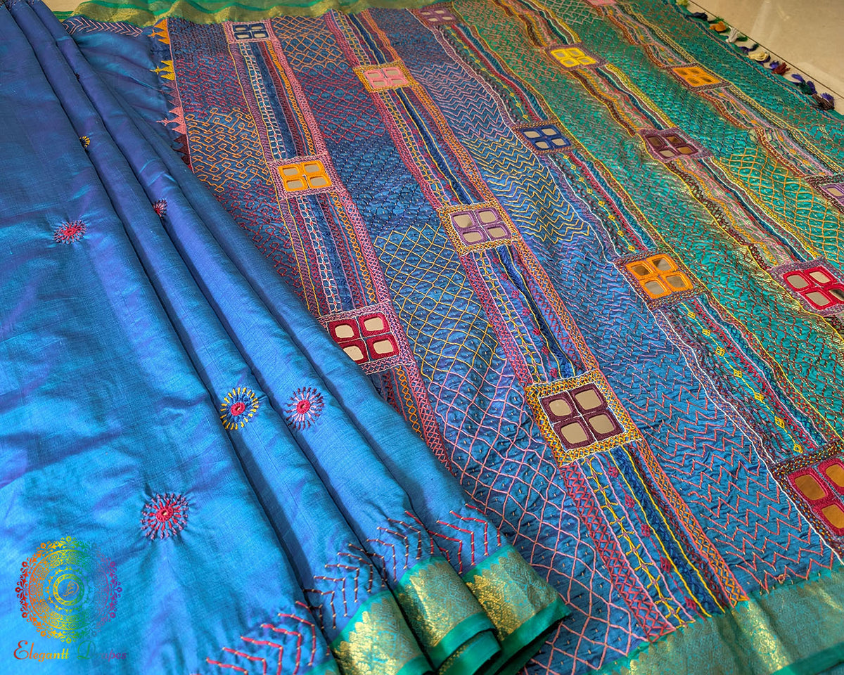 Sea Green Woven Border Detail on Blue Pure Kanjivaram Silk Saree