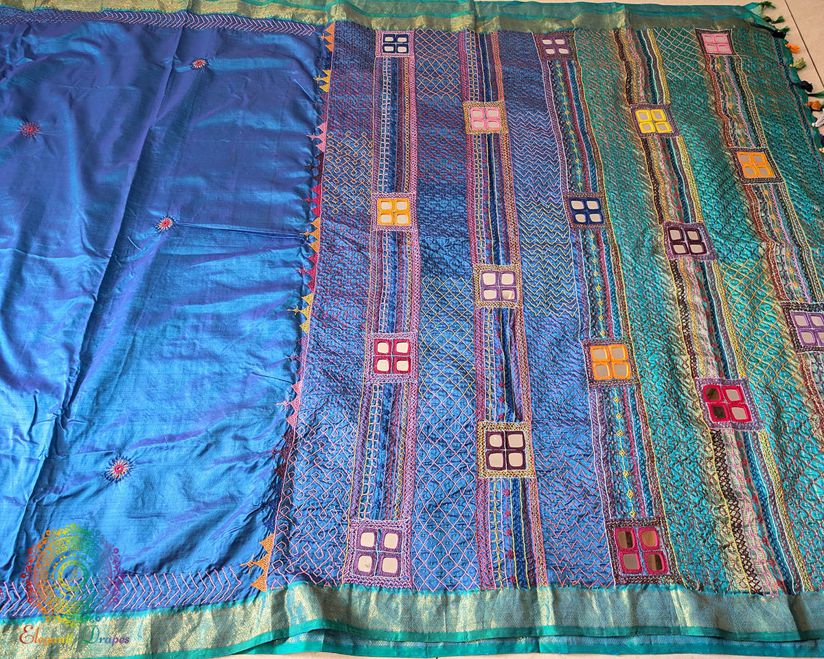 Detailed Lambani Hand Embroidery on Blue Pure Kanjivaram Silk Saree