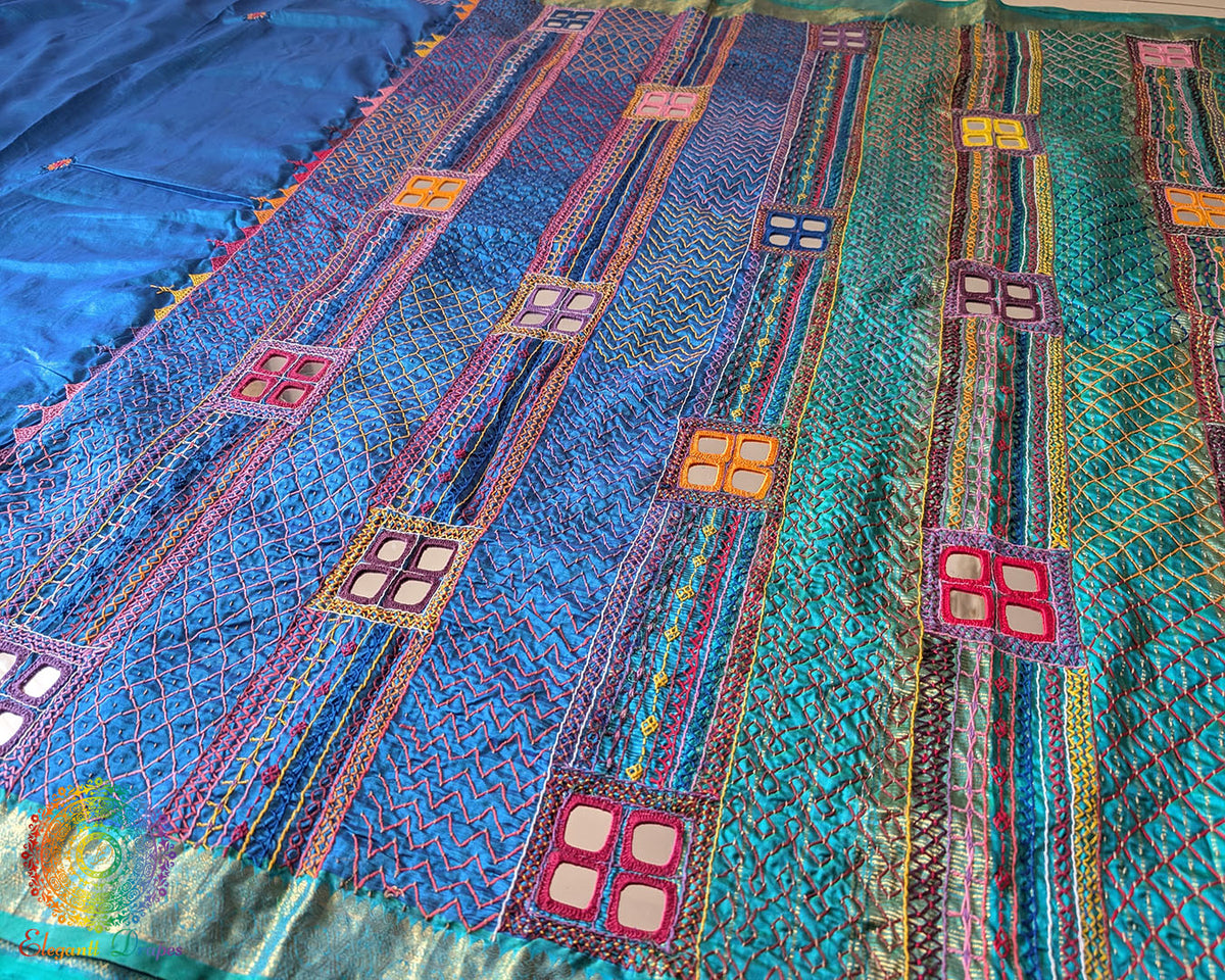 Blue Pure Kanjivaram Silk Saree with Sindhur Lambani Handwork