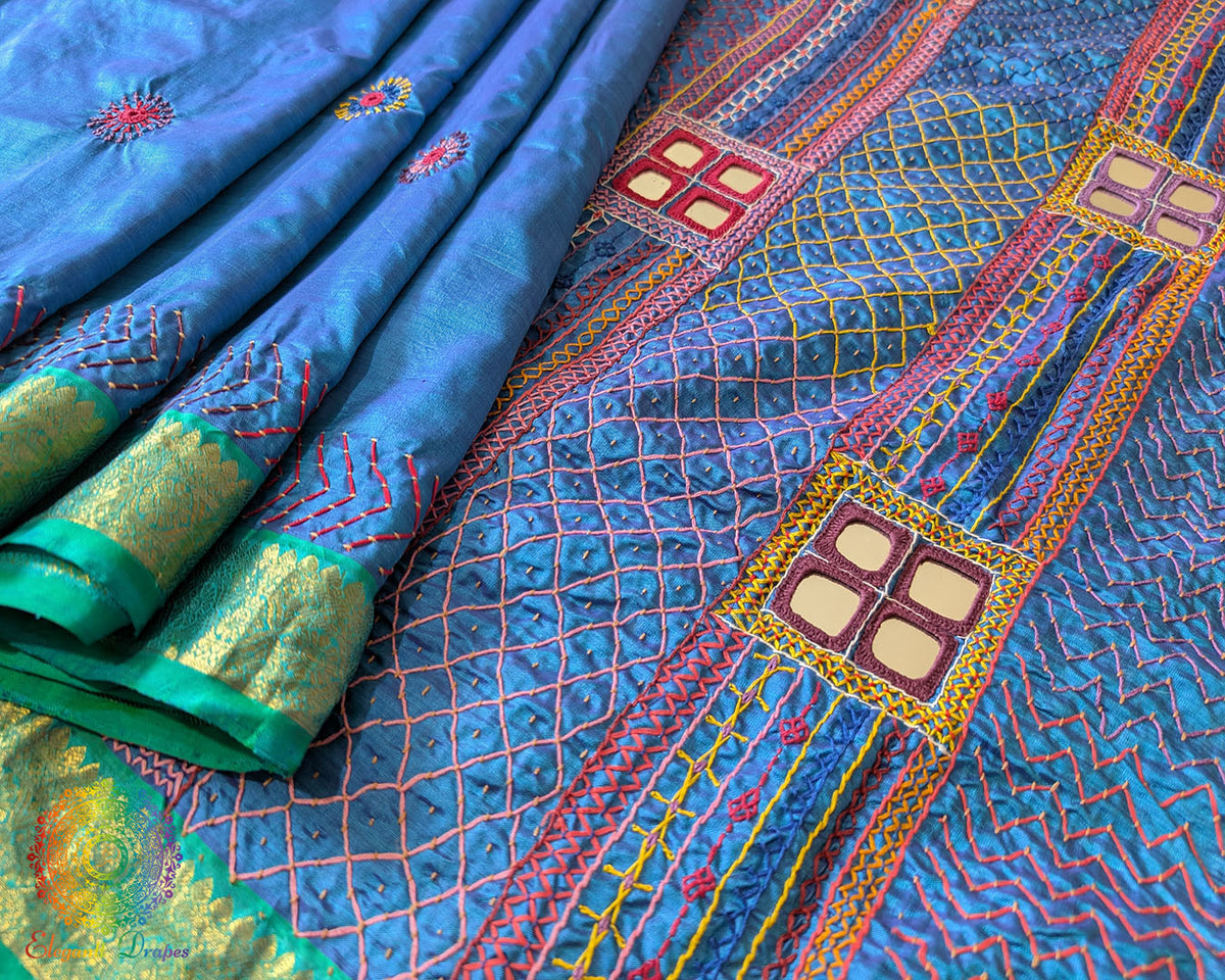 Close-up of Colourful Sindhur Lambani Motifs on Kanjivaram Silk Saree