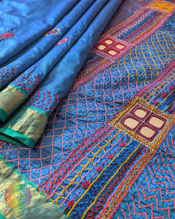 Blue Kanjivaram Silk Saree with Sea Green Border and Pallu