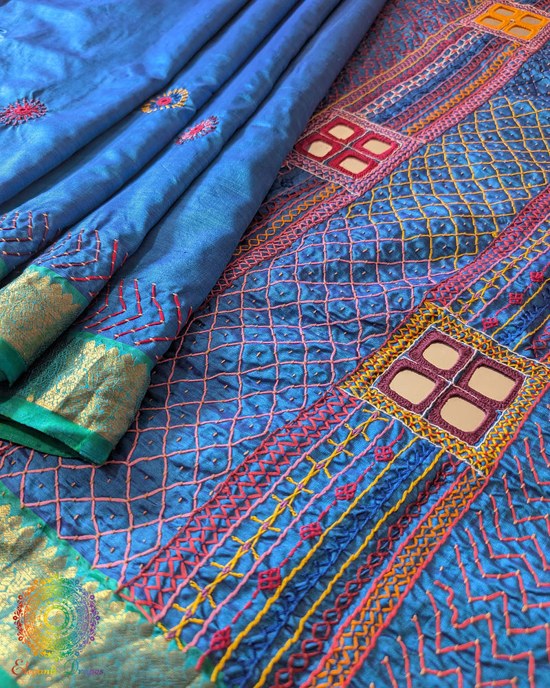 Blue Kanjivaram Silk Saree with Sea Green Border and Pallu