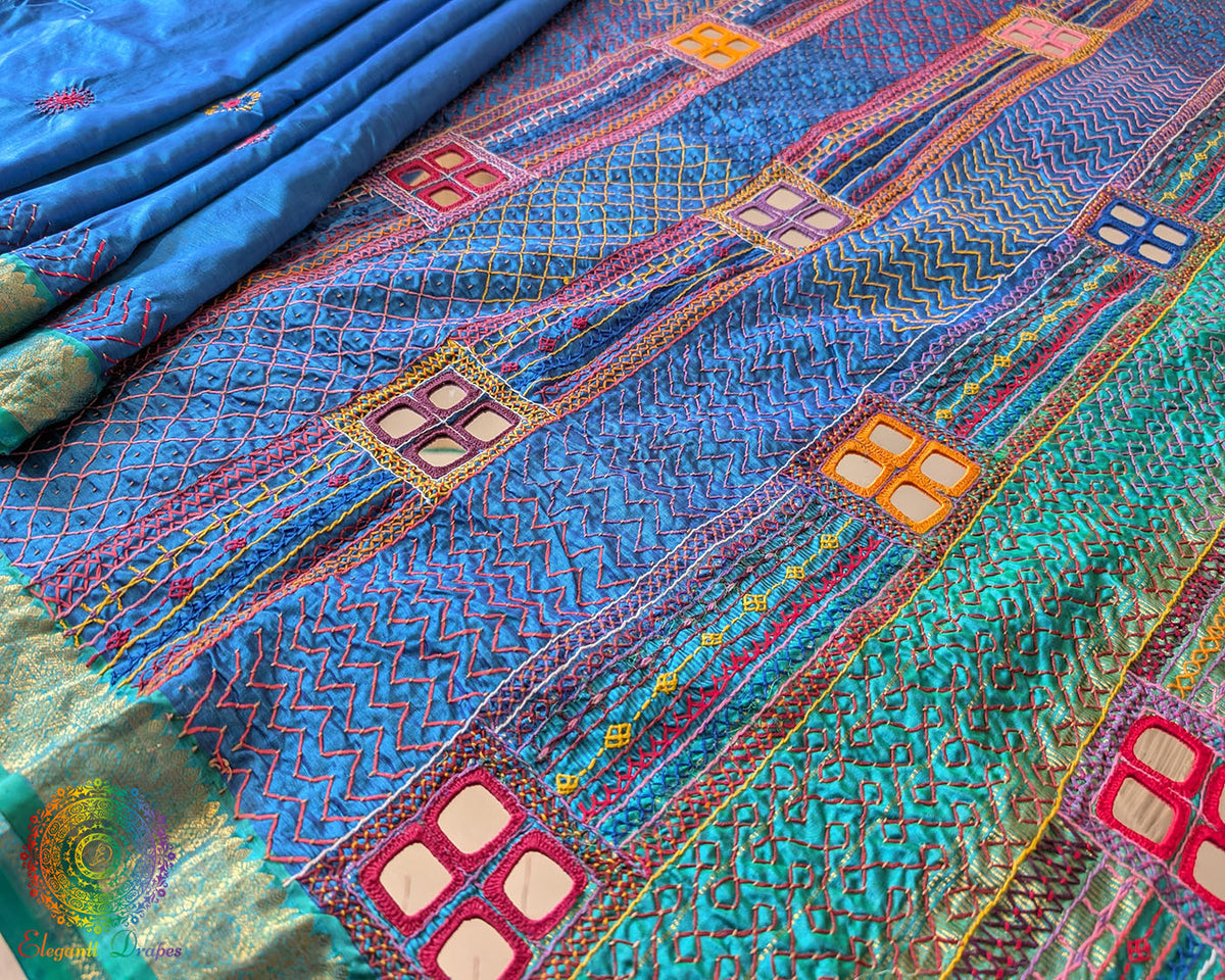 Blue Kanjivaram Silk Saree Pallu with Sea Green Border and Lambani Embroidery