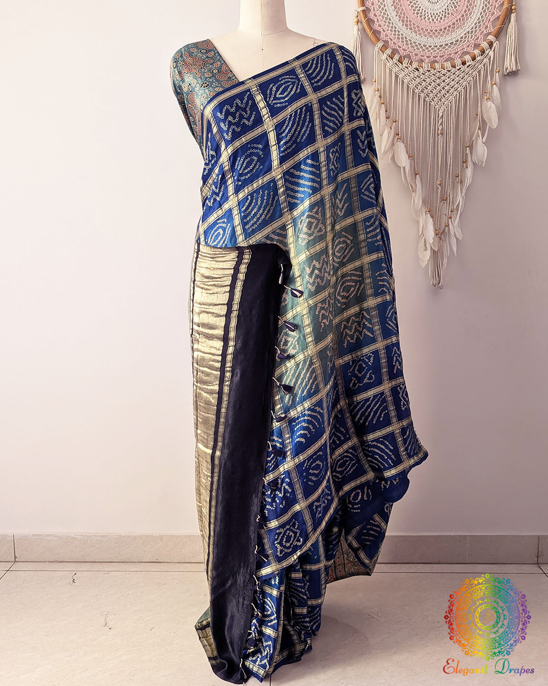 Blue Shaded Gharchola Pure Gaji Silk Bandhani Saree Front View
