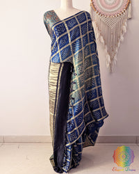 Blue Shaded Gharchola Pure Gaji Silk Bandhani Saree Front View