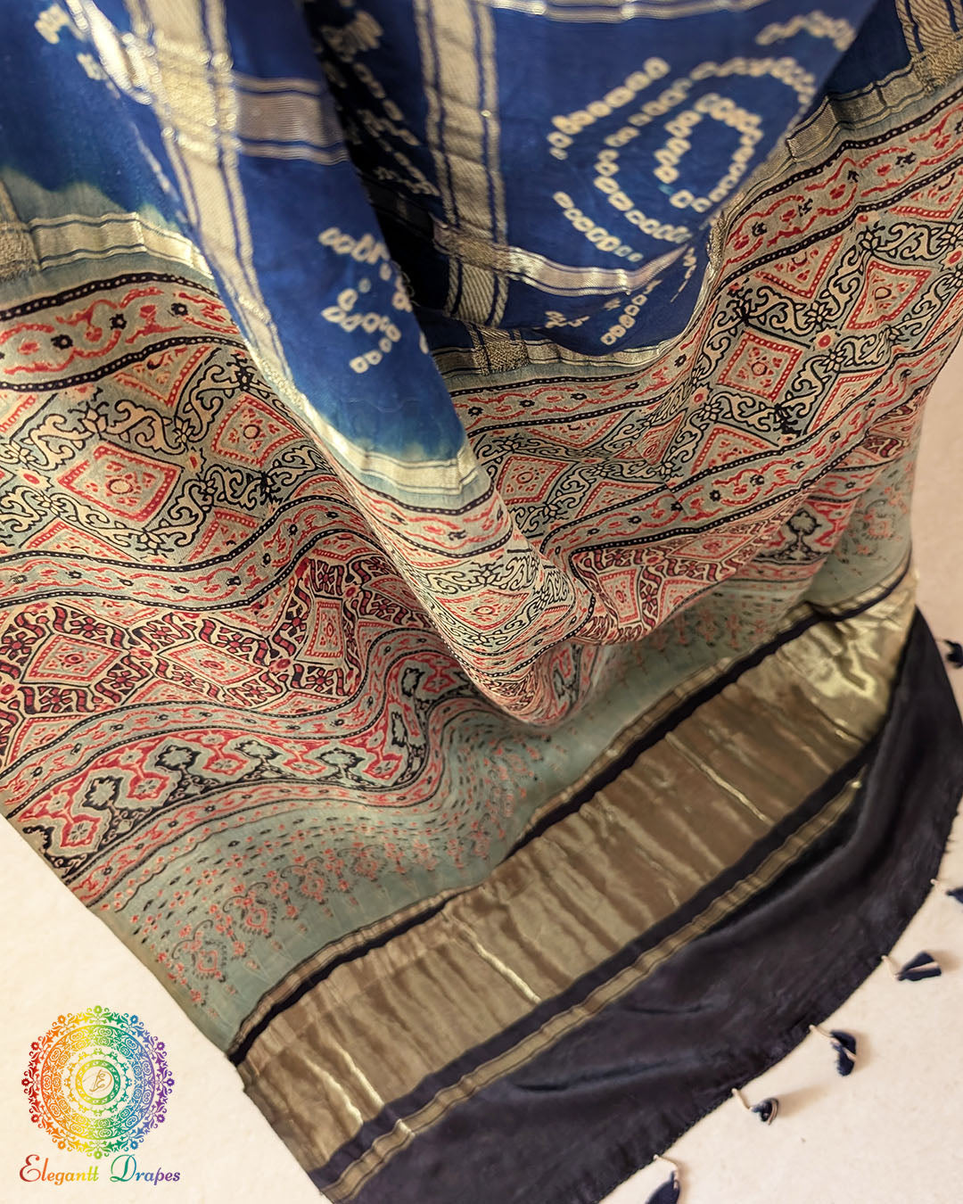 Close-up of Ajrakh Palla and Gharchola Detailing on Blue Gaji Silk Bandhani Saree
