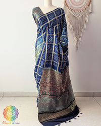 Blue Shaded Gharchola Pure Gaji Silk Bandhani Saree Palla View with Ajrakh Palla