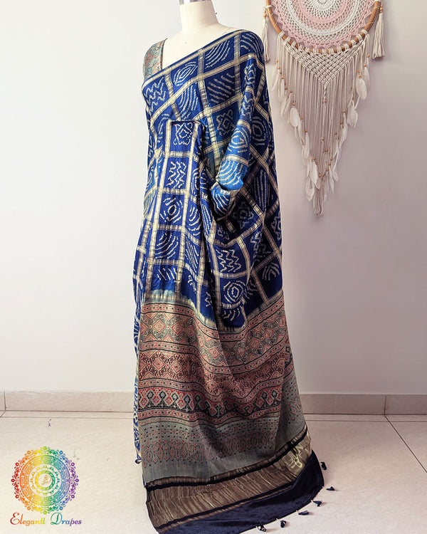 Blue Shaded Pure Gaji Silk Bandhani Saree Side View with Gharchola Detailing