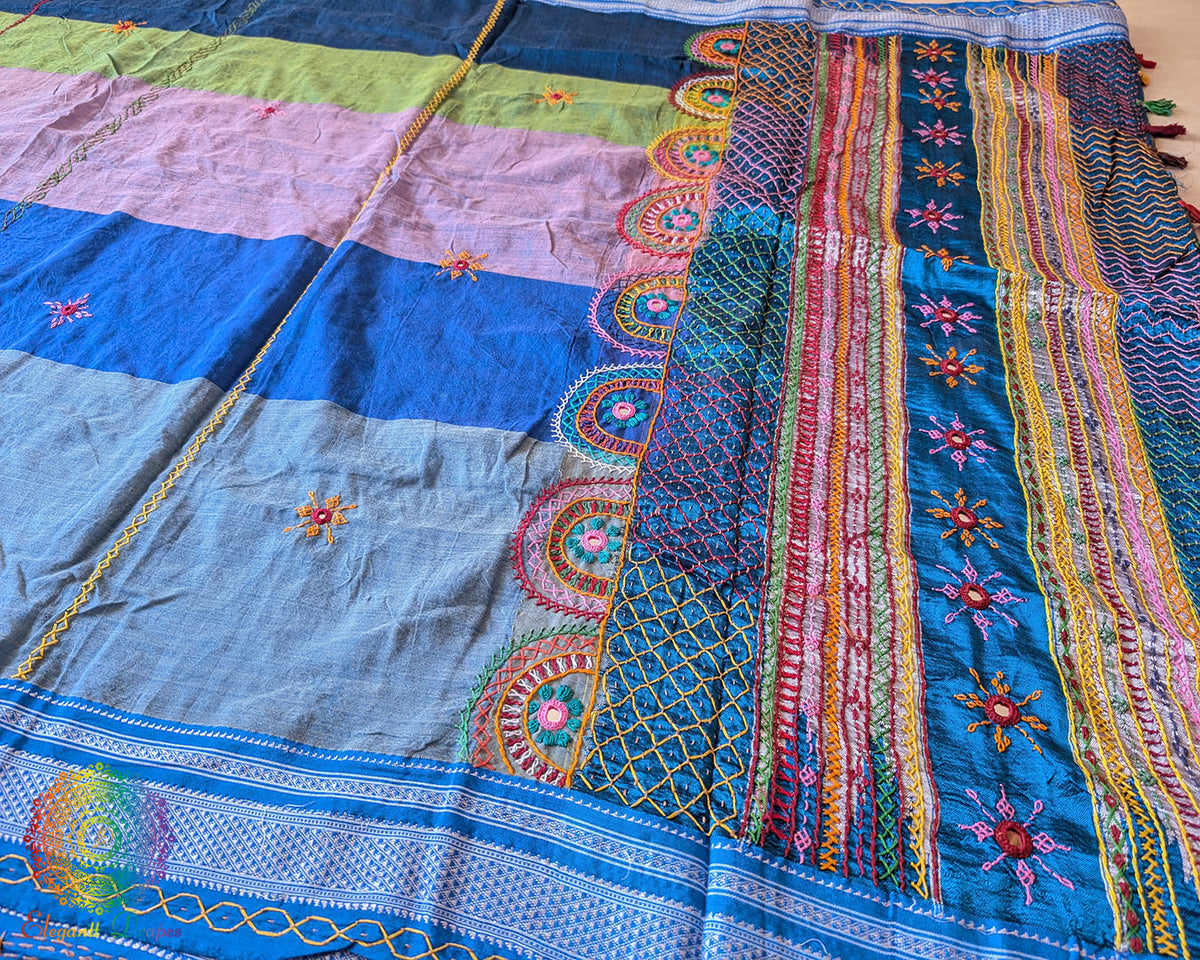 Close-up of traditional Lambani embroidered bootas on the striped Ilkal cotton saree