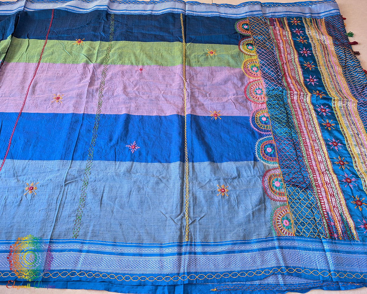 Detailed view of handcrafted Lambani embroidery on the steel blue Ilkal cotton saree