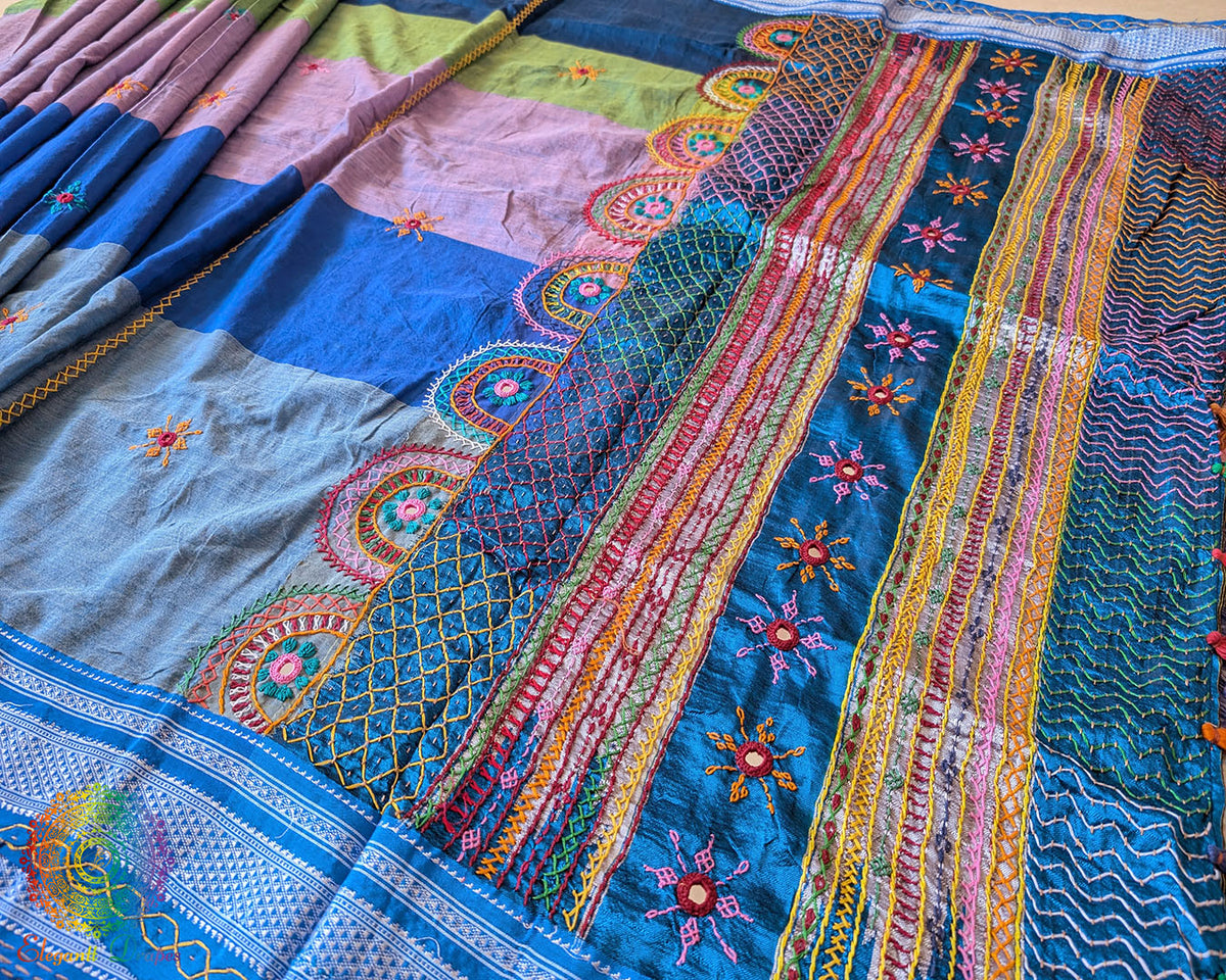 Steel blue Ilkal cotton saree showcasing approximately 1-meter heavy Lambani embroidered palla