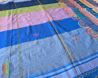 Steel blue striped Ilkal cotton fabric showcasing hand embroidery and woven texture