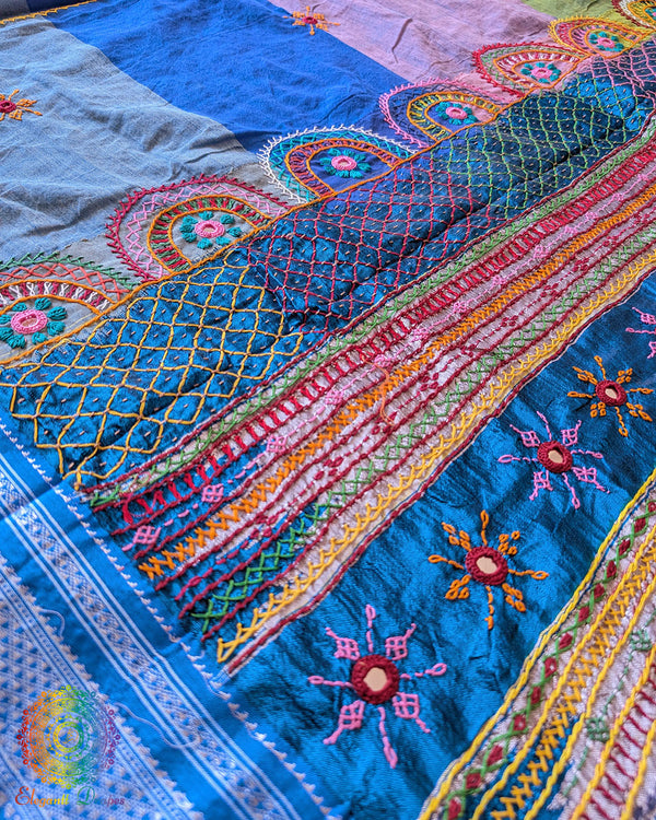 Palla of steel blue Ilkal cotton saree showcasing Lambani hand embroidery and striped woven design