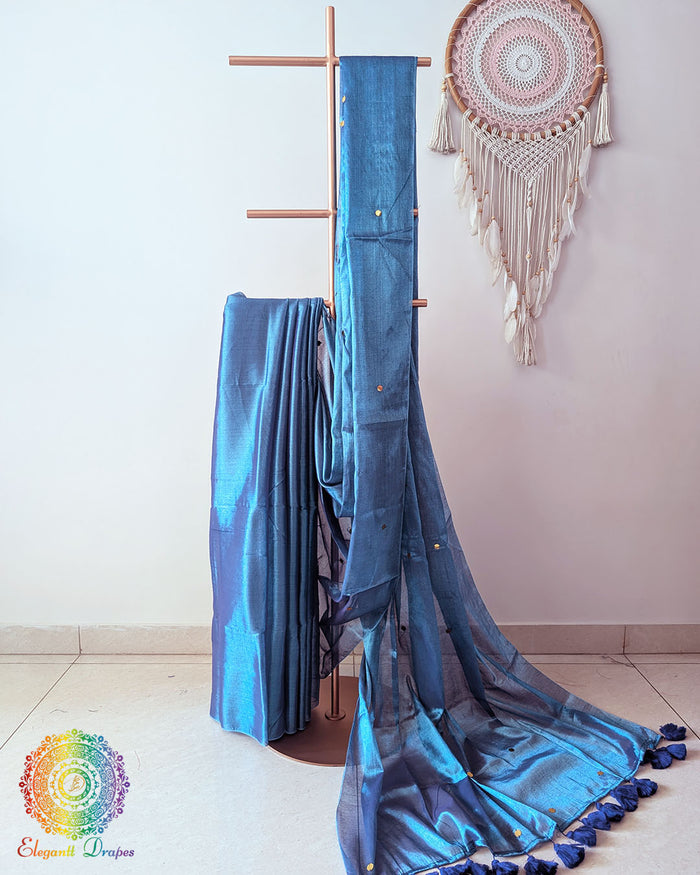 Blue Bengal mul tissue saree drape view with sequins work