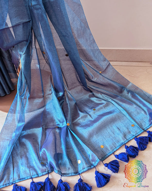Blue Bengal mul tissue saree palla view showing sequins detailing