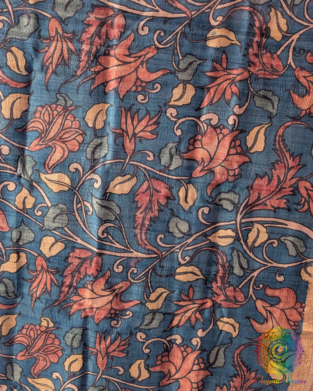 Close-up of intricate hand-painted Kalamkari motifs on Blue Pure Tussar Silk dupatta