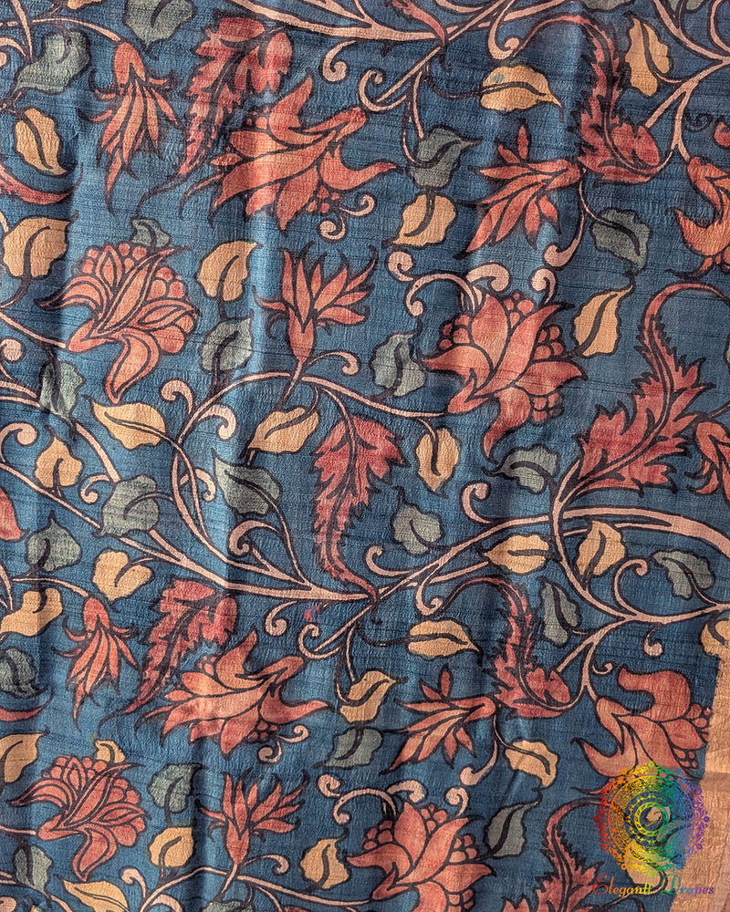 Close-up of intricate hand-painted Kalamkari motifs on Blue Pure Tussar Silk dupatta