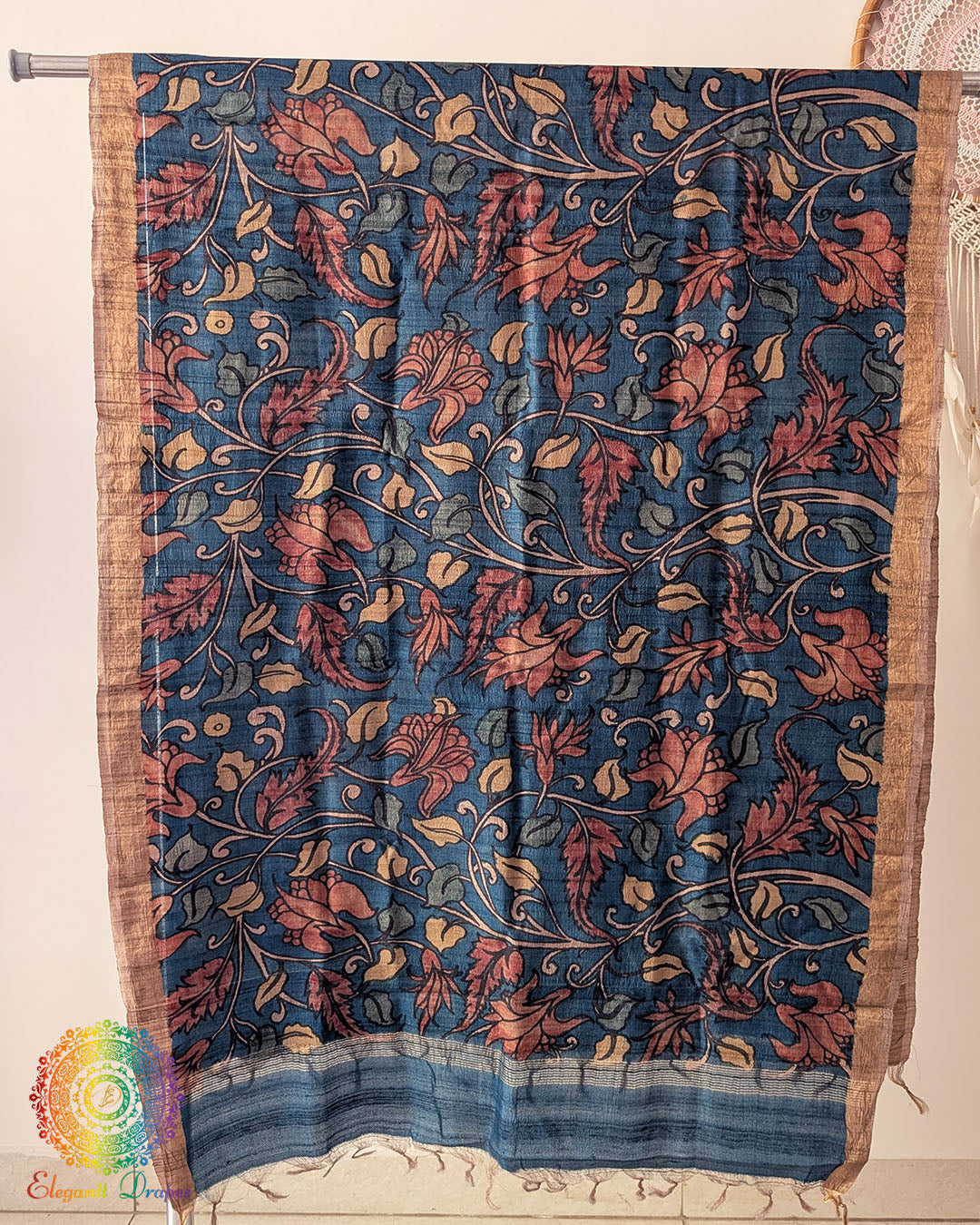 Blue Hand-Painted Kalamkari Pure Tussar Silk Dupatta showcasing traditional artisan painting and natural silk texture