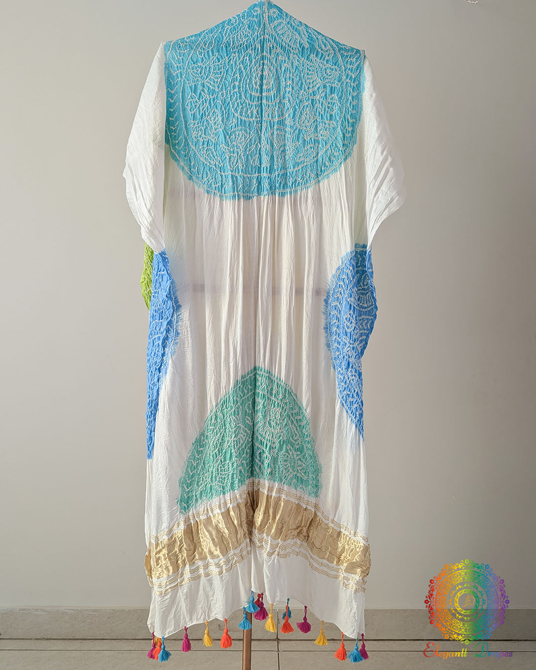 Detailed view of the White Gajji Silk Blue Yellow Green Bandhani Dupatta, highlighting the rich colour variations, traditional Bandhani craftsmanship and elegant silk texture.