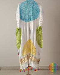 Detailed view of the White Gajji Silk Blue Yellow Green Bandhani Dupatta, highlighting the rich colour variations, traditional Bandhani craftsmanship and elegant silk texture.