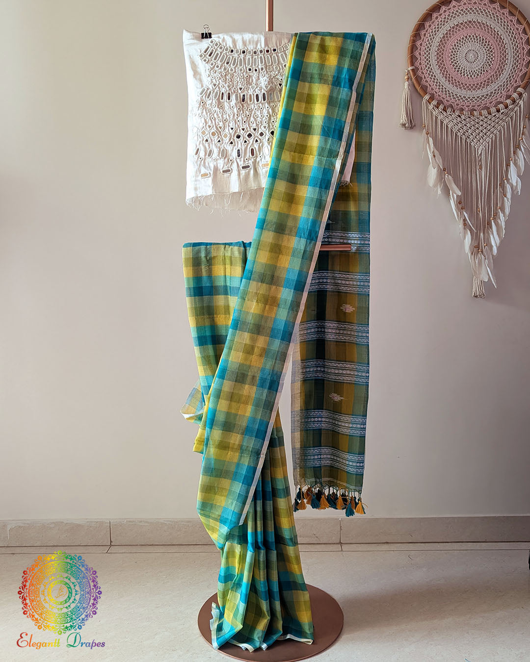 Green and yellow Madras checks Bengal cotton saree showing full drape and Jamdani palla