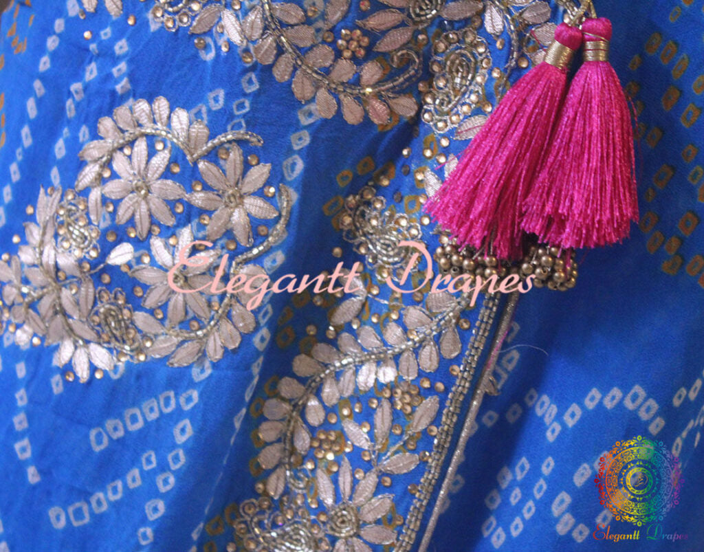 Blue Pure Crepe Rai Bandhej Gota Patti Handwork Saree