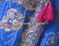 Blue Pure Crepe Rai Bandhej Gota Patti Handwork Saree