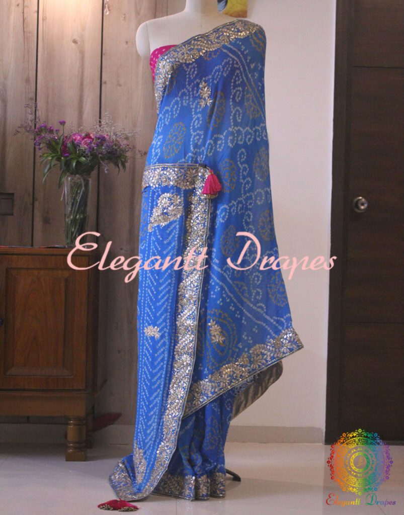 Blue Pure Crepe Rai Bandhej Gota Patti Handwork Saree