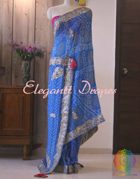 Blue Pure Crepe Rai Bandhej Gota Patti Handwork Saree