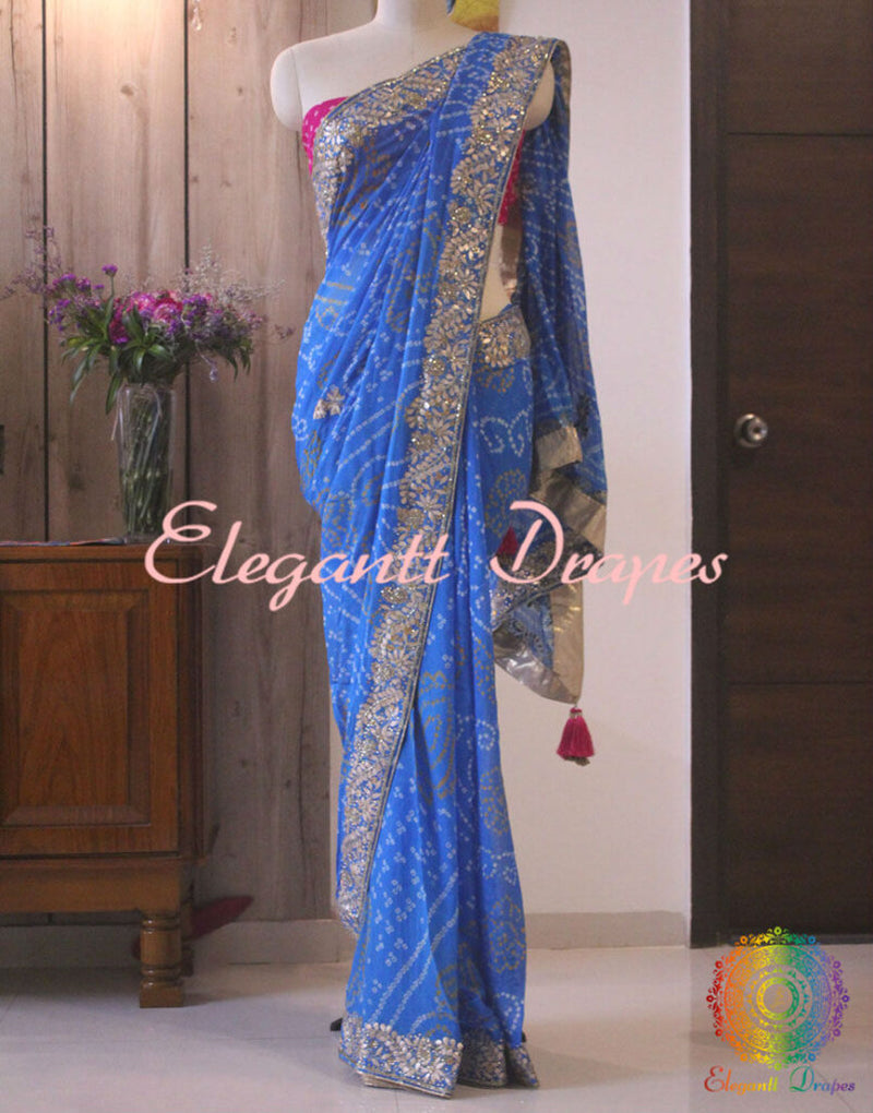 Blue Pure Crepe Rai Bandhej Gota Patti Handwork Saree
