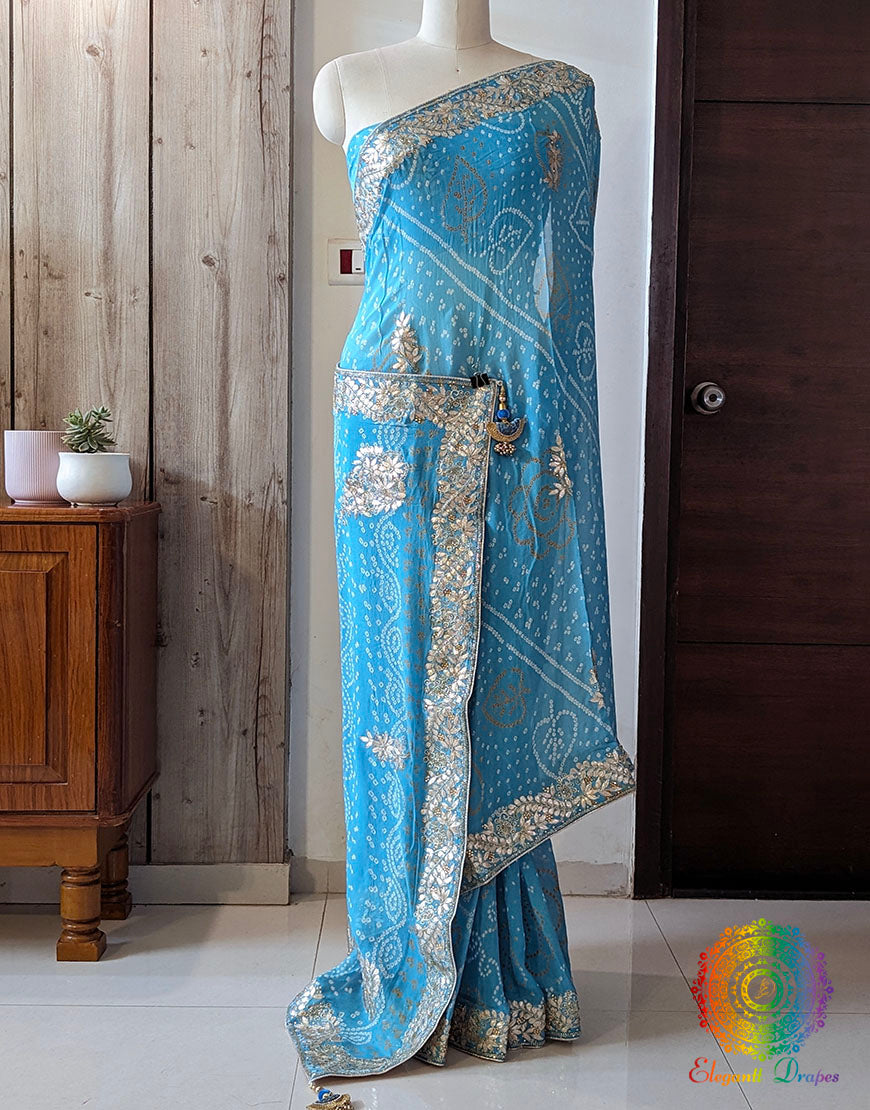 Sky Blue Pure Chinon Rai Bandhej Gota Patti Saree