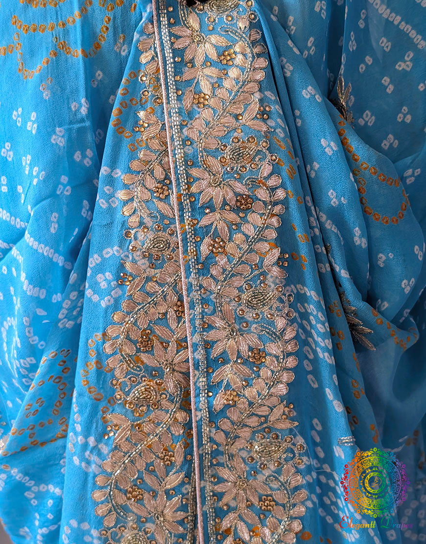 Sky Blue Pure Chinon Rai Bandhej Gota Patti Saree