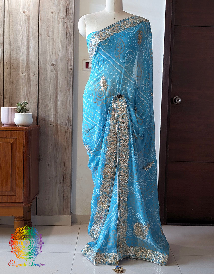 Sky Blue Pure Chinon Rai Bandhej Gota Patti Saree