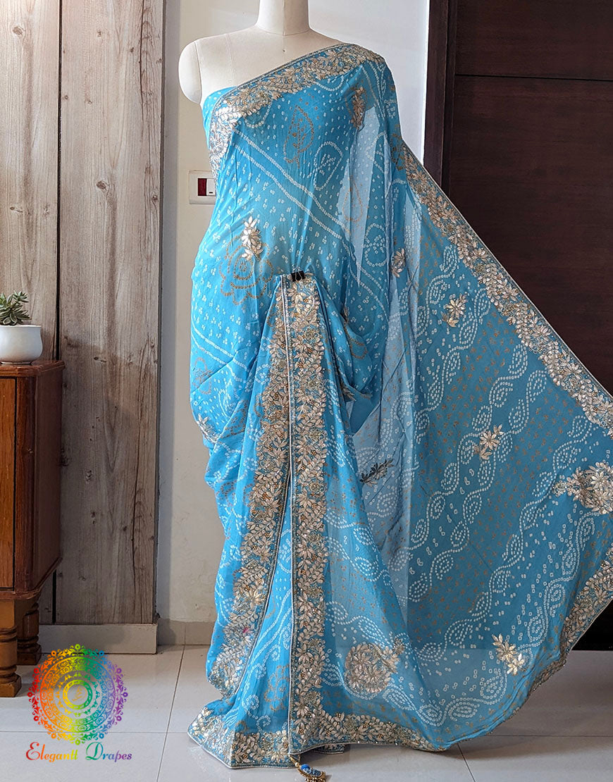 Sky Blue Pure Chinon Rai Bandhej Gota Patti Saree