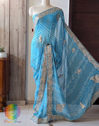 Sky Blue Pure Chinon Rai Bandhej Gota Patti Saree