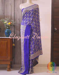 Royal Blue Pure Banarasi Handloom Georgette Bandhani Saree | Elegantt Drapes