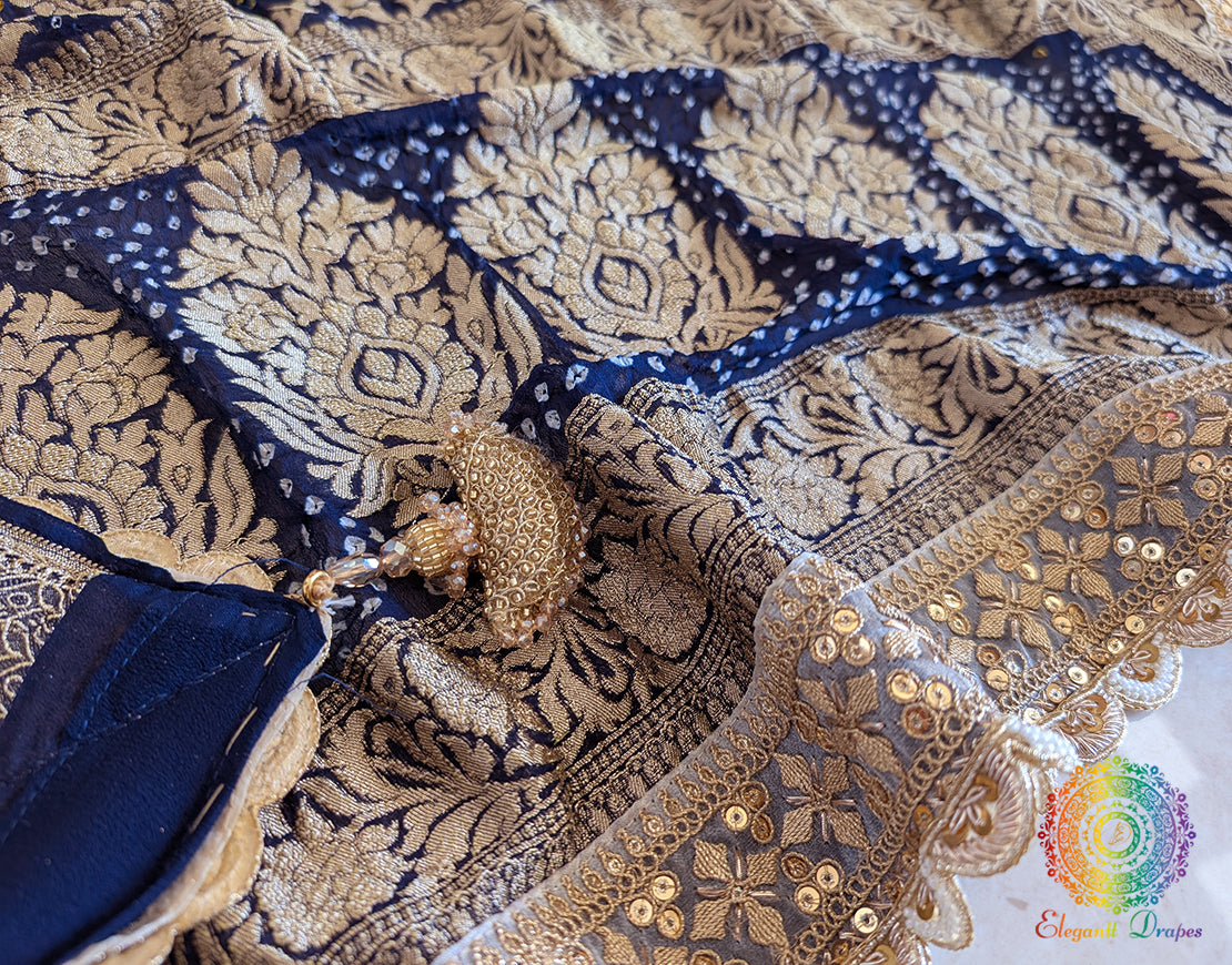 Blue Banarasi Georgette Bandhani Border Dupatta – Bandhani Saree Online India | Elegantt Drapes
