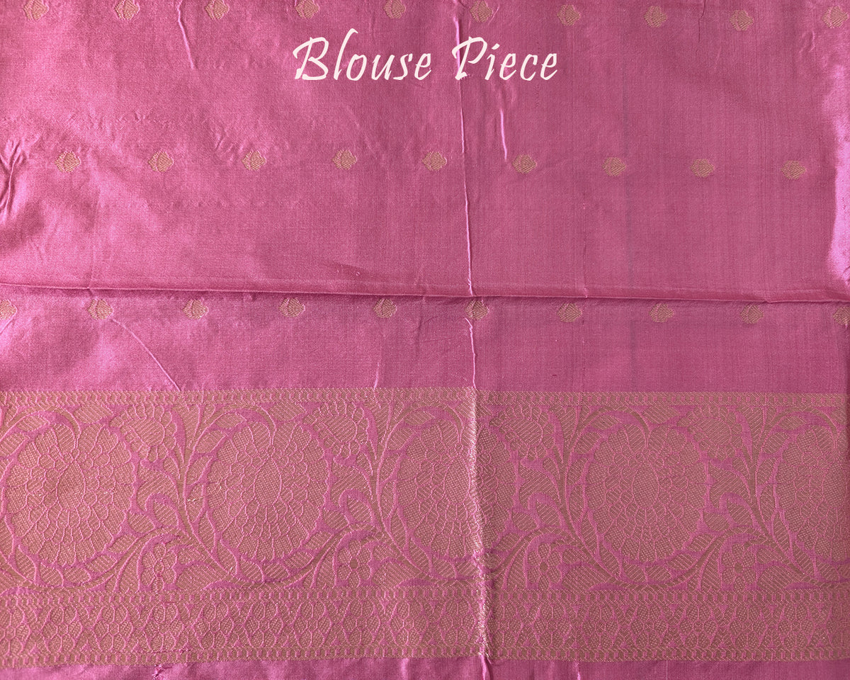 Matching blouse piece in blush pink Banarasi Katan silk fabric showing woven zari detailing