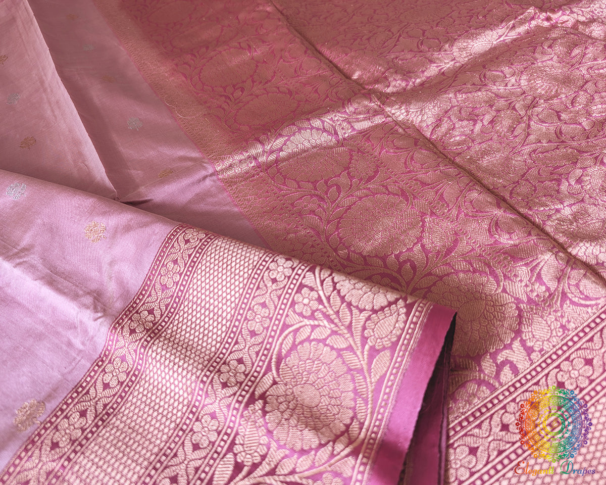 Traditional Banarasi woven zari detail on blush pink silk saree