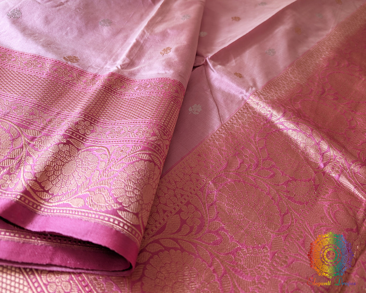 Border close up on blush pink Banarasi silk saree highlighting sona rupa zari detail