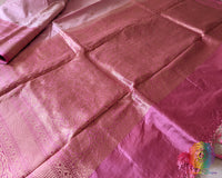 Palla close up on blush pink Banarasi handloom Katan silk saree showcasing zari weave