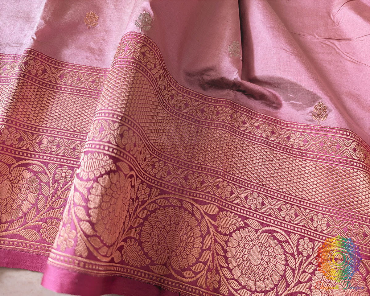 Detailed view of woven sona rupa zari border on blush pink Katan silk saree