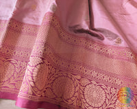Detailed view of woven sona rupa zari border on blush pink Katan silk saree