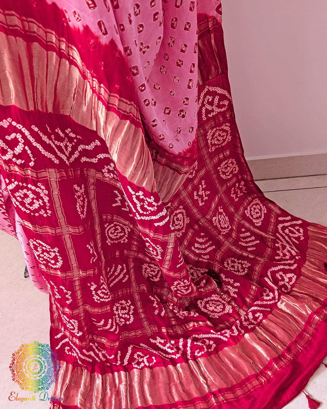 Full pallu view showcasing the traditional Gharchola pattern on the Blush Pink Pure Gajji Silk Saree