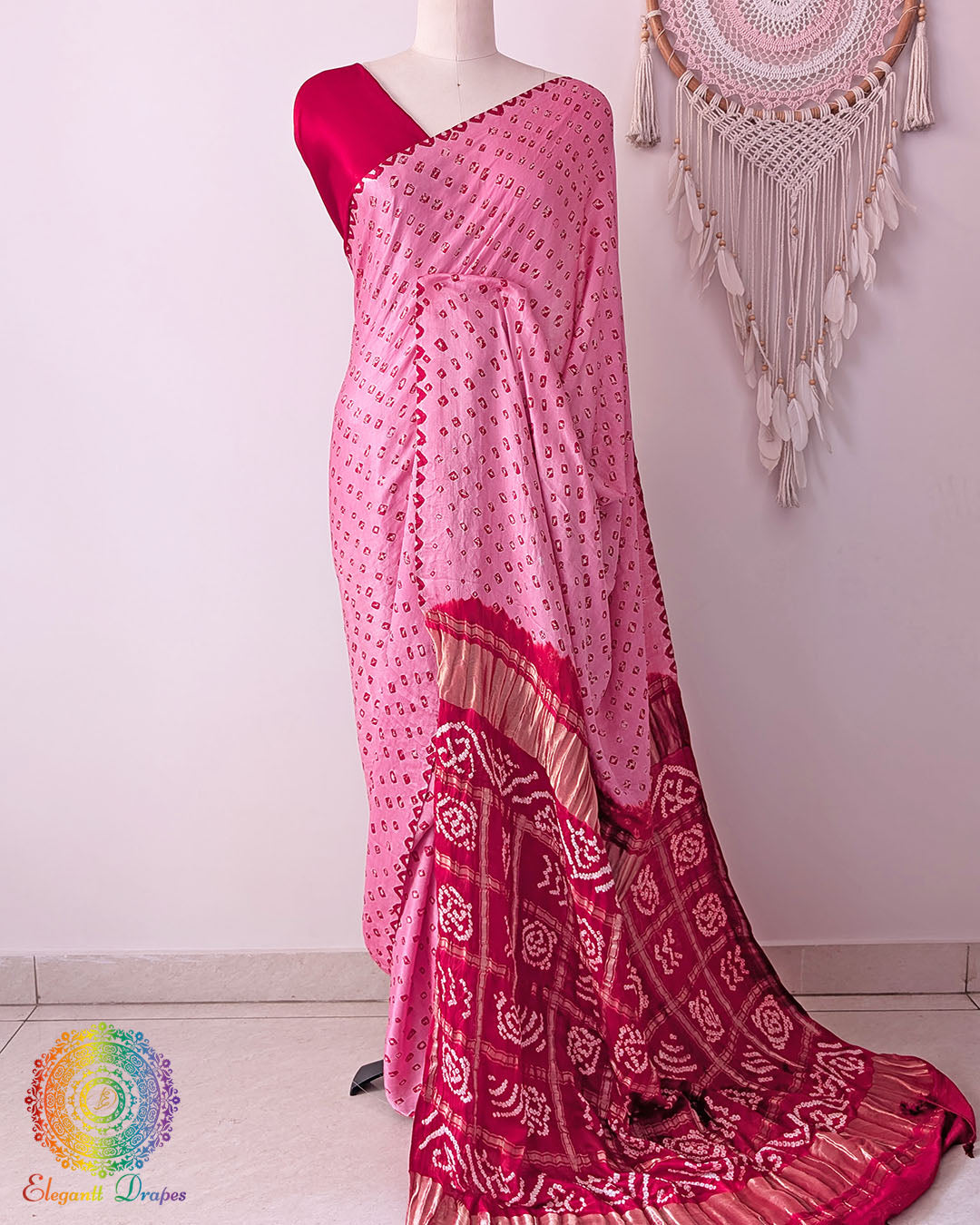 Blush Pink Pure Gajji Silk Bandhani Saree with Gharchola Pallu front drape
