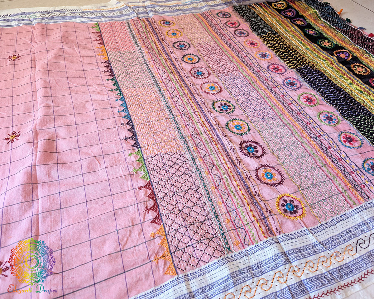 Pastel Blush Pink Checked Ilkal Cotton Saree with Lambani Hand Embroidery