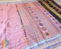 Pastel Blush Pink Checked Ilkal Cotton Saree with Lambani Hand Embroidery