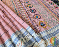 Pastel Blush Pink Checked Ilkal Cotton Saree with Lambani Hand Embroidery