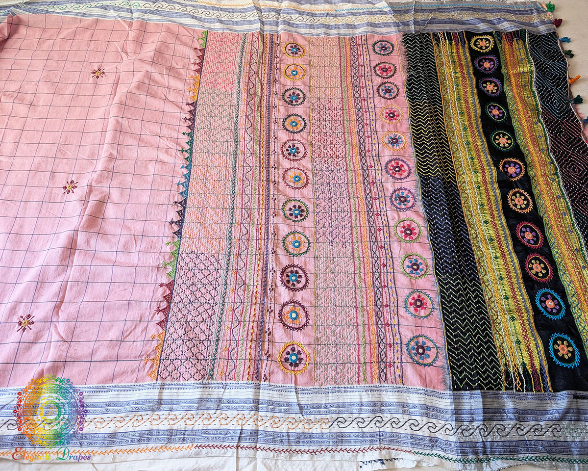Blush Pink checked Ilkal cotton saree with Lambani hand embroidery and heavily embroidered 1-meter palla