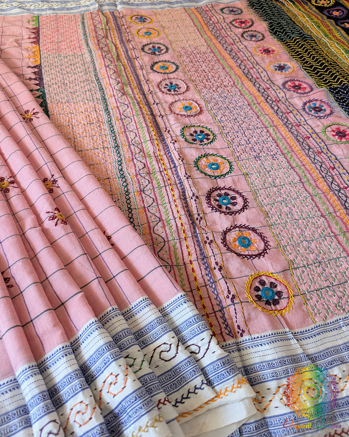 Pastel Blush Pink checked Ilkal cotton fabric showcasing woven texture and handcrafted Lambani embroidery